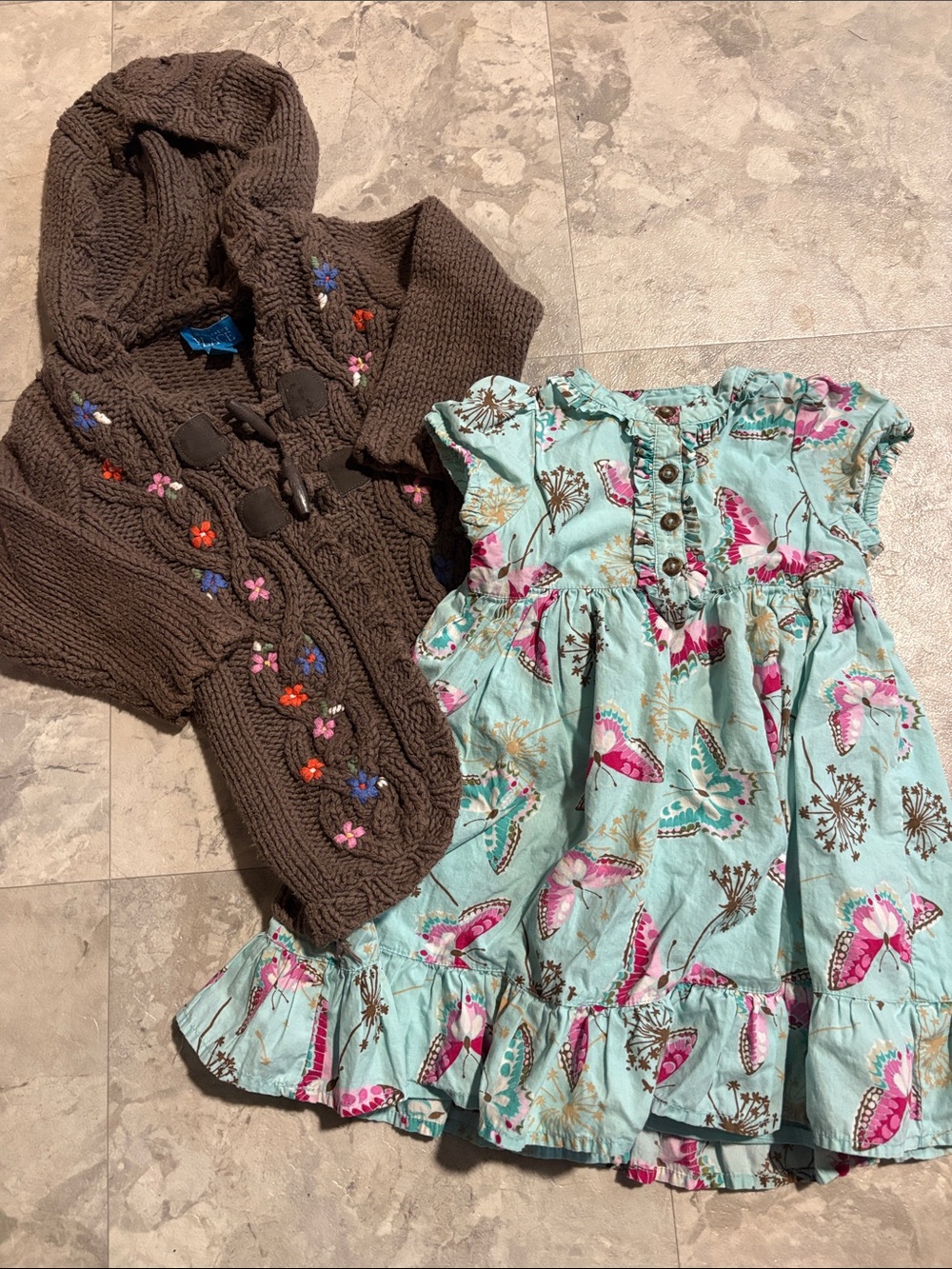 GAP Aqua Butterfly Print Dress with Brown Hooded Knit Cardigan